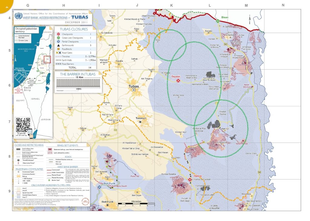 Map showing areas in the northern Jordan ~Valley particularly affected by 'Austere Challenge 2012' military training